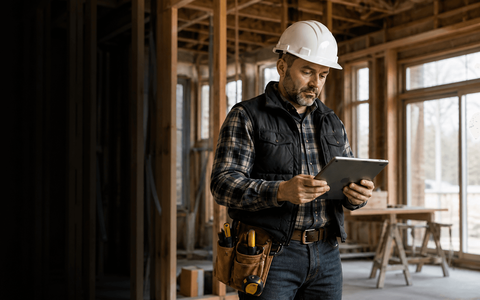 Contractor reviewing project details on a tablet inside a home under construction