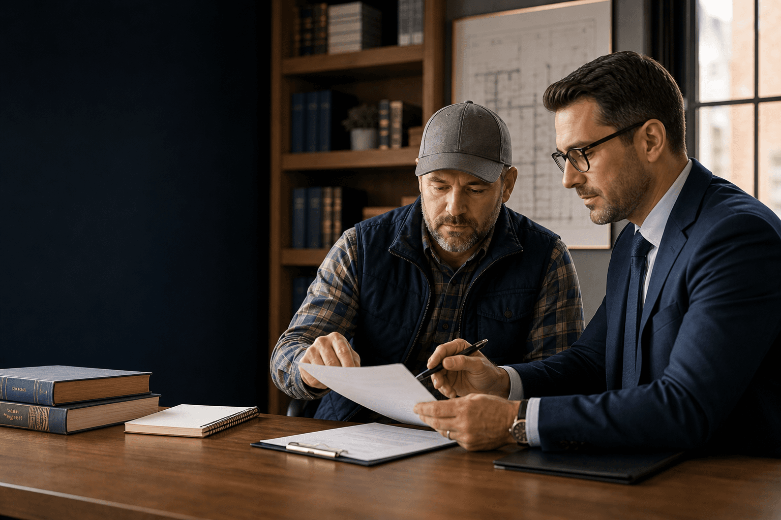 Contractor and legal advisor reviewing a construction agreement